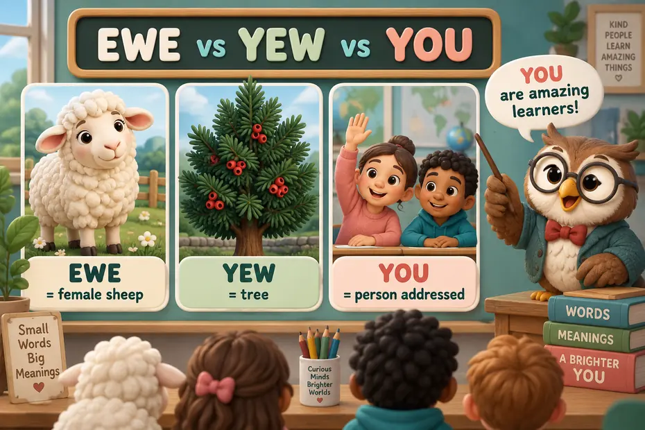 Ewe is a female sheep; yew is a tree; you addresses a person or group.