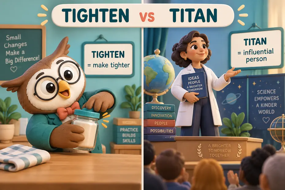 Tighten means make tighter; titan names a powerful or influential figure.