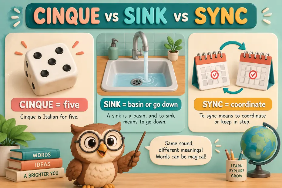 Cinque means five; sink names a basin or downward movement; sync means coordinate.