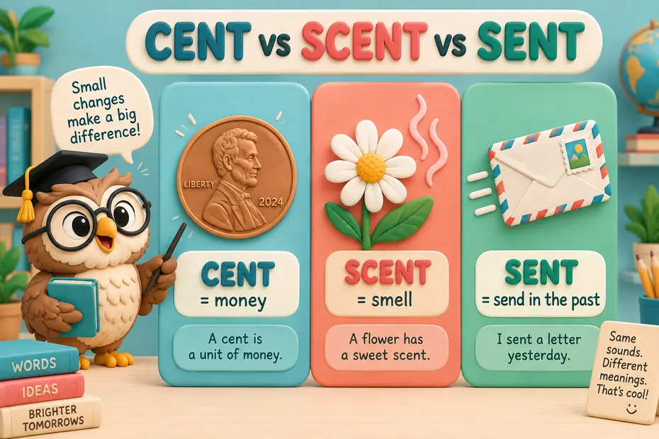 Cent is money, scent is smell, and sent is a form of send.
