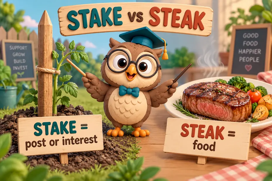 Stake means a post or interest; steak means food.