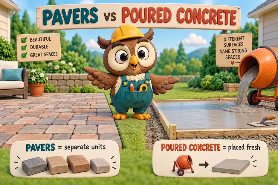 Pavers are separate units; poured concrete forms a slab.