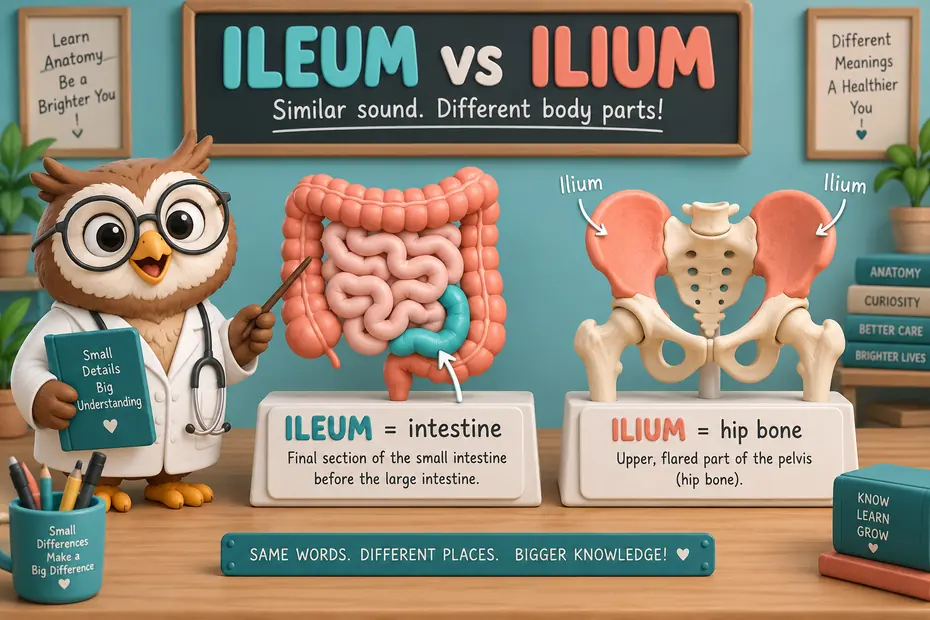 Ileum is intestine; ilium is the upper hip-bone region.
