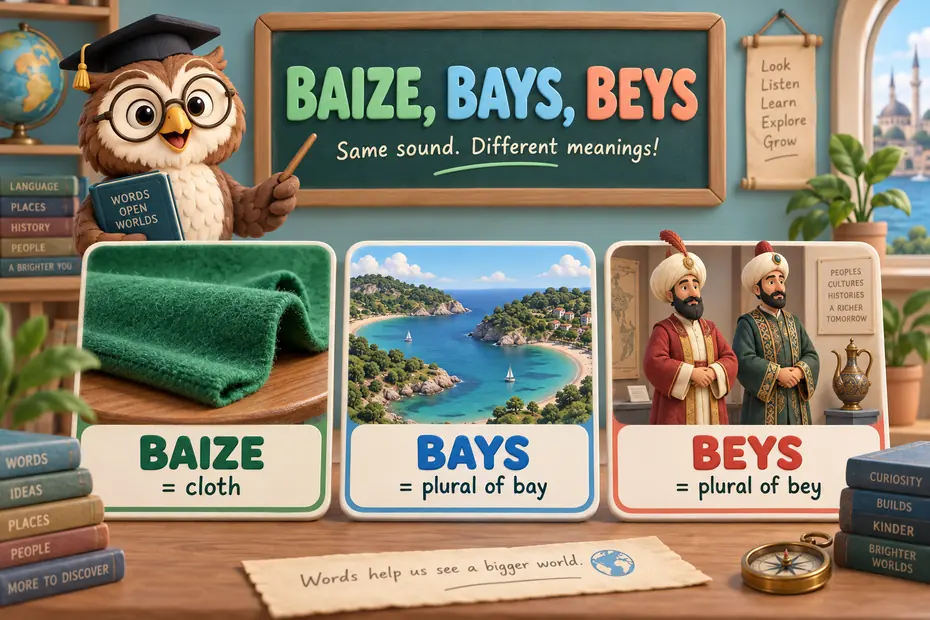 Baize is cloth; bays is a bay form; beys is a title plural.