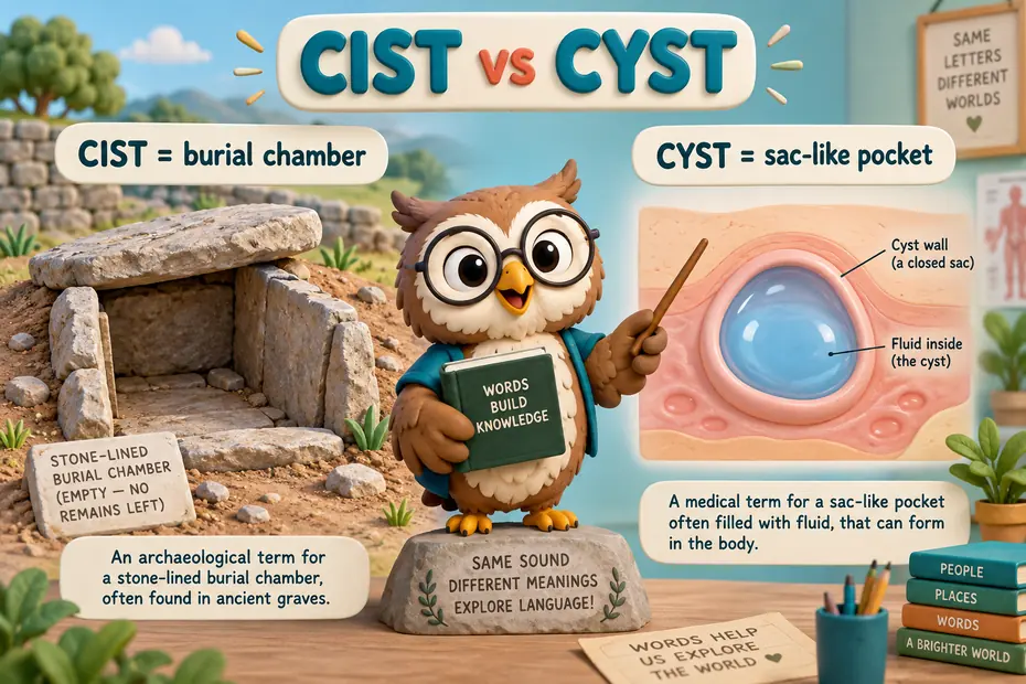 Cist is a burial chamber; cyst is a sac-like pocket.