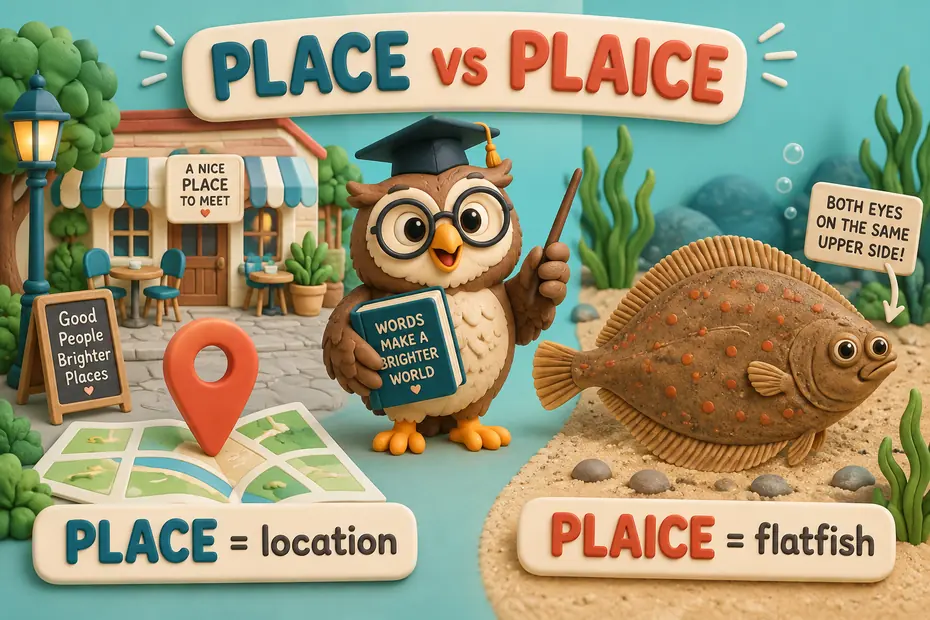 Place describes locations or putting; plaice is a flatfish.