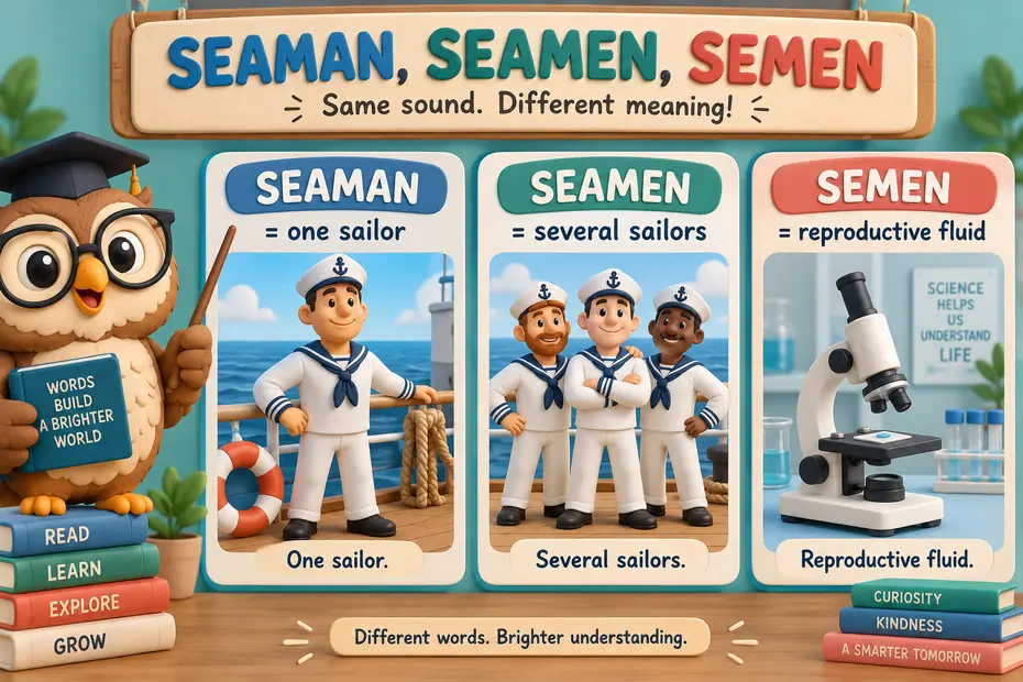 Seaman is one sailor; seamen is plural; semen is reproductive fluid.