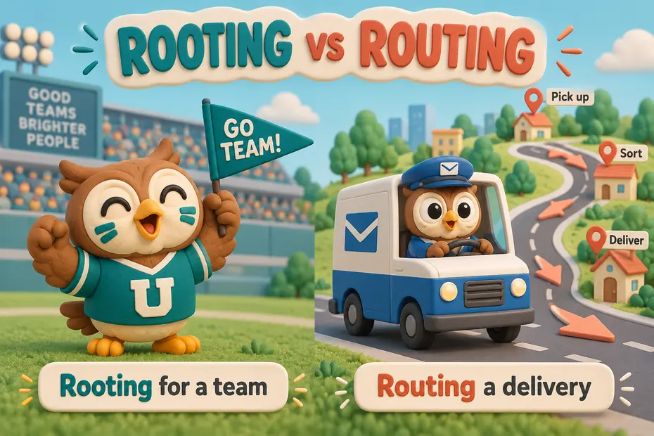 Rooting for a team means supporting; routing a delivery means directing along a path.