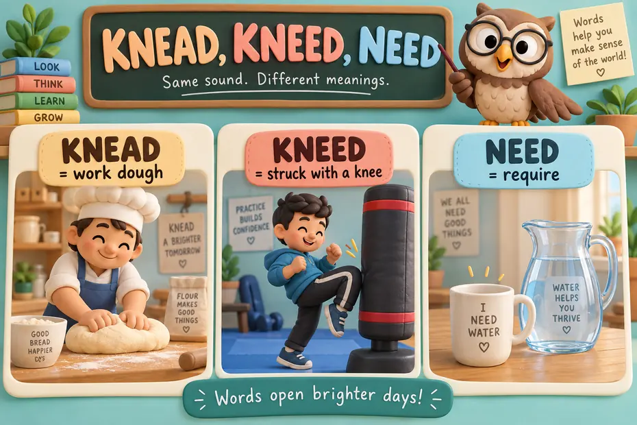 Knead works dough; kneed is the past of knee; need means require.