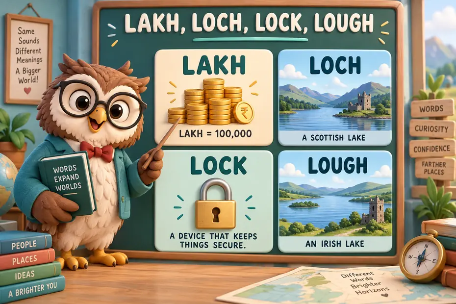 Lakh is a number; loch and lough describe water; lock has several meanings.