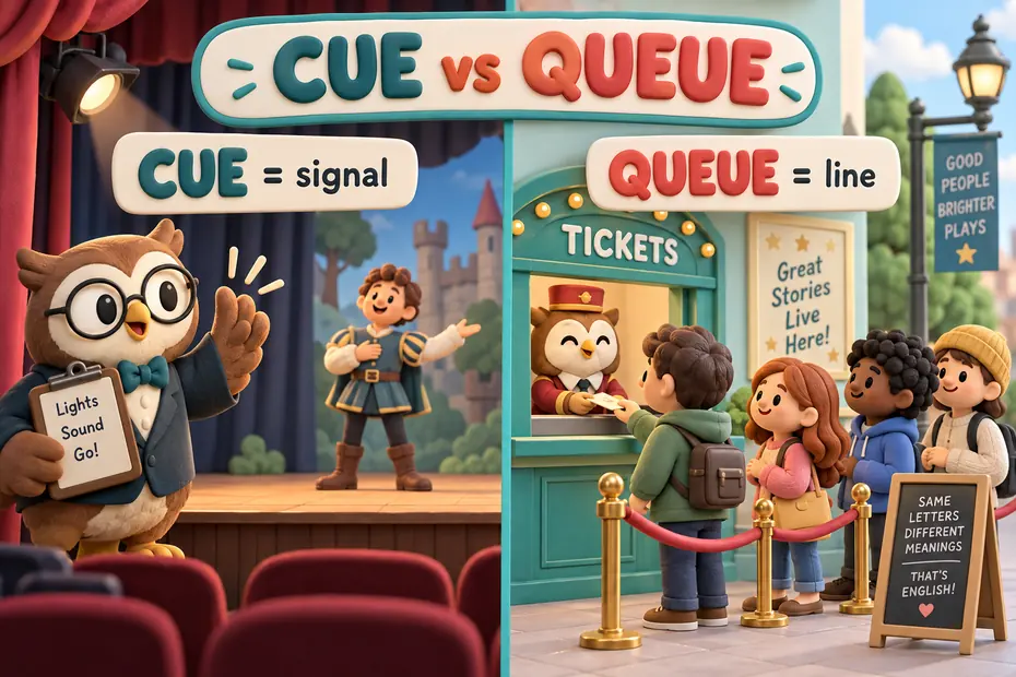Cue means signal; queue means waiting line.