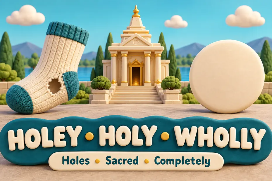 Holey means holes; holy means sacred; wholly means completely.