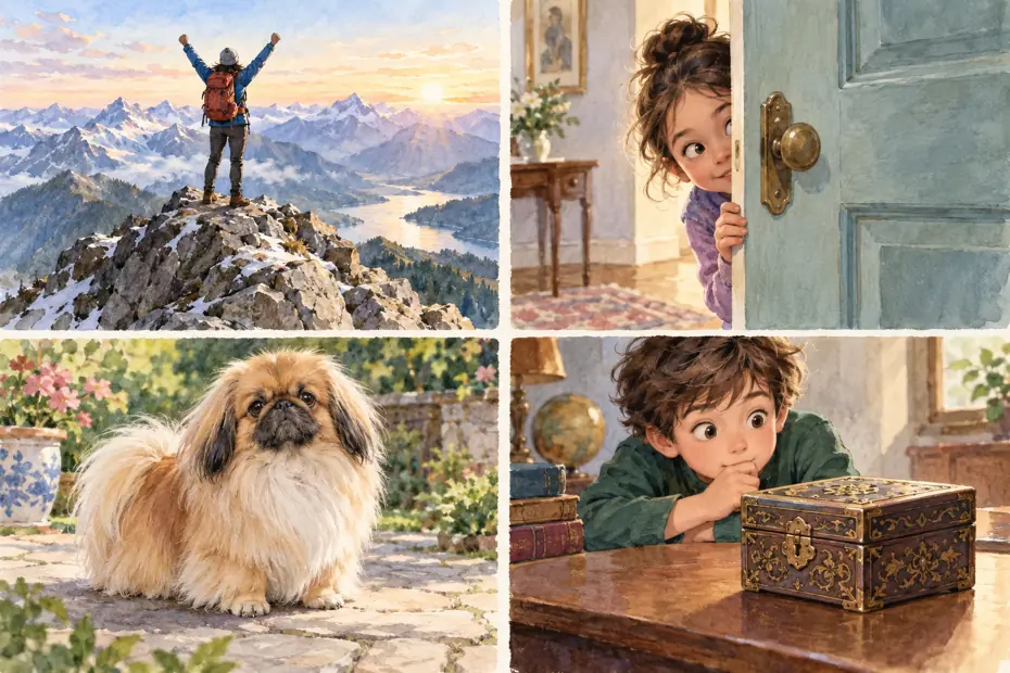 Mountain summit, quick look, Pekingese dog and curious reader