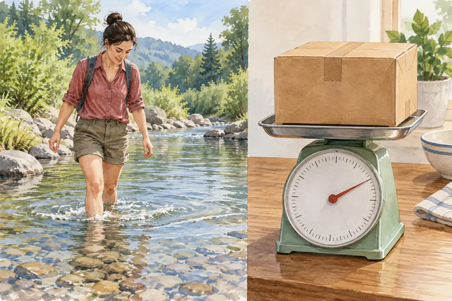 Person wading in shallow water and a parcel on a scale