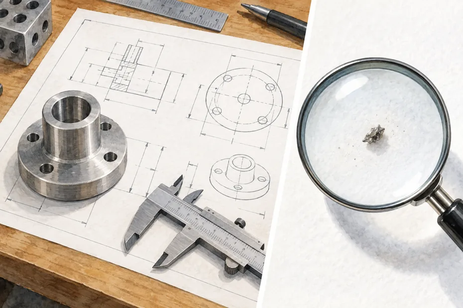 Technical blueprint and a magnified dust speck