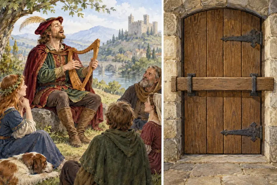 Poet singing and door secured by a bar
