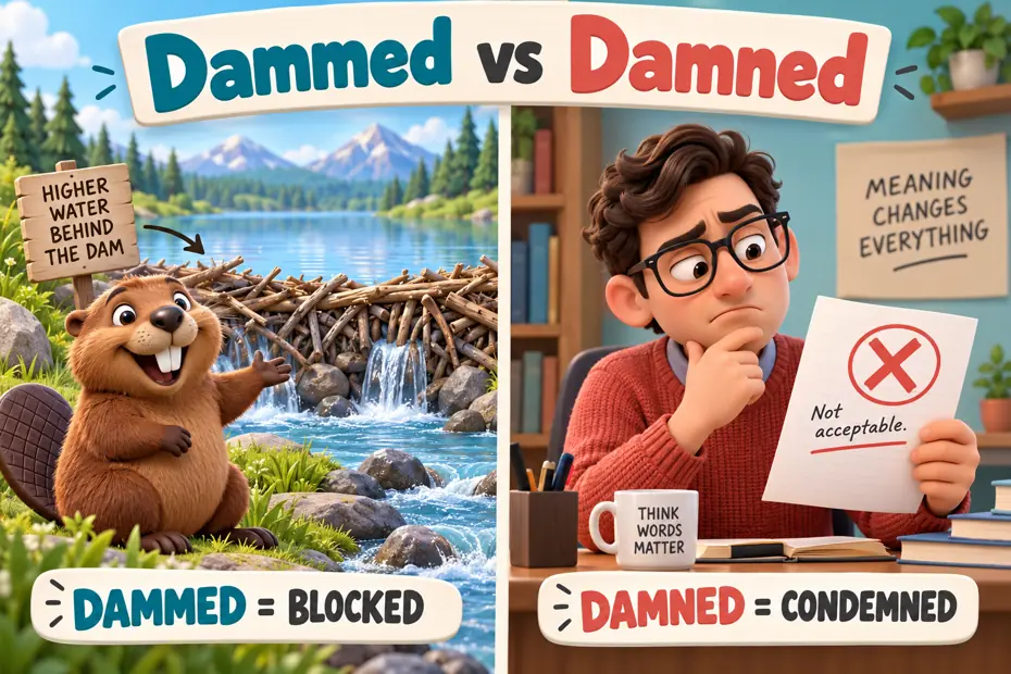 Beaver dam and critical reviewer showing blocked and condemned meanings