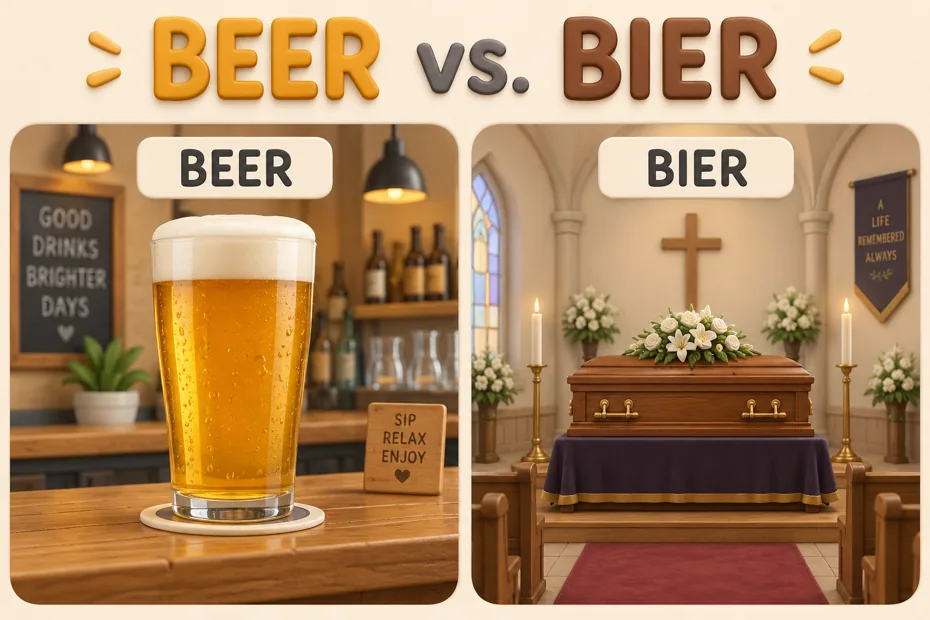 Glass of beer beside closed coffin on bier