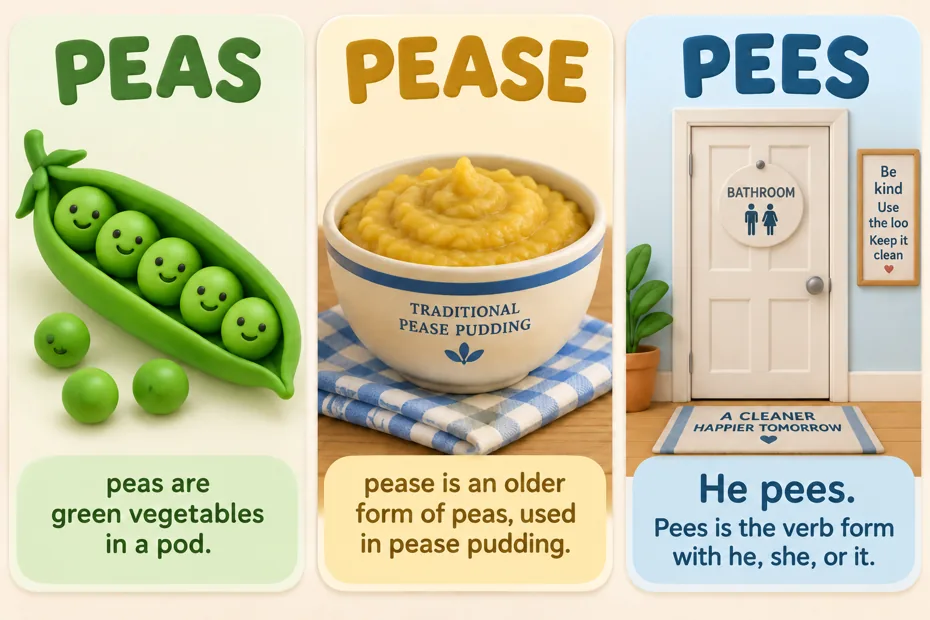 Peas pod, pease pudding, bathroom door compare spellings