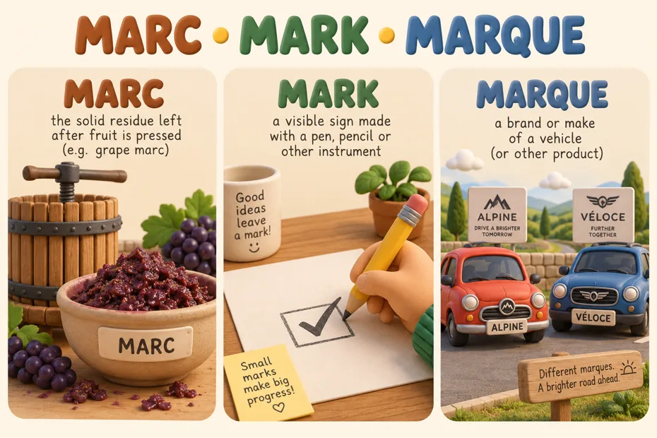 Pressed fruit residue, checkmark, and cars compare marc mark marque