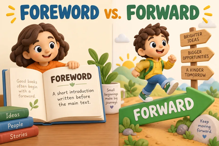 Book foreword beside child moving forward on arrow