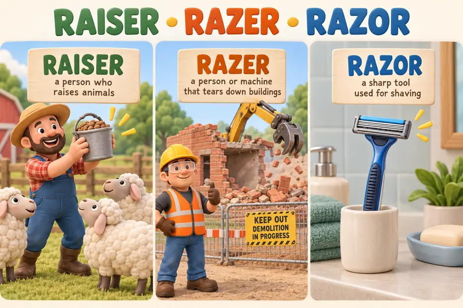 Sheep farmer, demolition worker, and shaving razor illustrate raiser razer razor