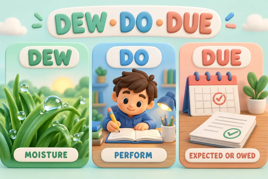 Dew drops, student doing work, and calendar showing a due date