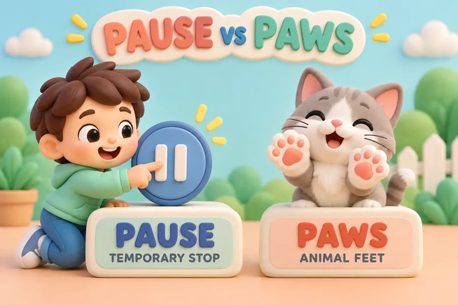 Child presses pause icon beside kitten showing paws