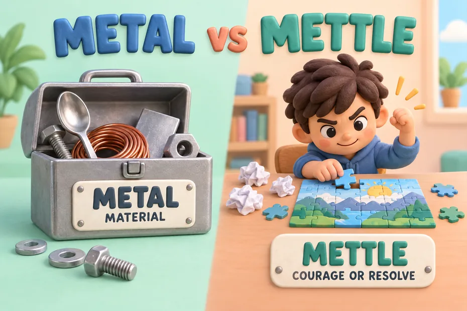 Metal toolbox and materials contrasted with a determined puzzle solver showing mettle