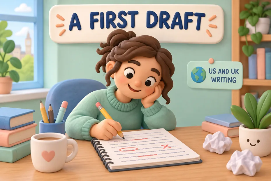 Writer edits first draft labeled US and UK writing
