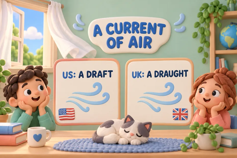 Breeze through window labeled US a draft and UK a draught