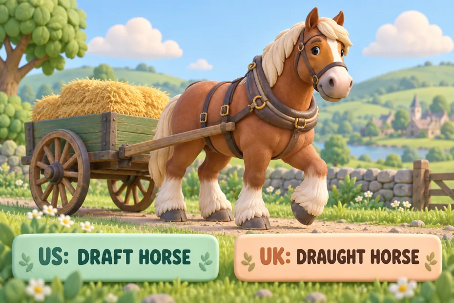 Horse pulls hay cart labeled draft horse and draught horse