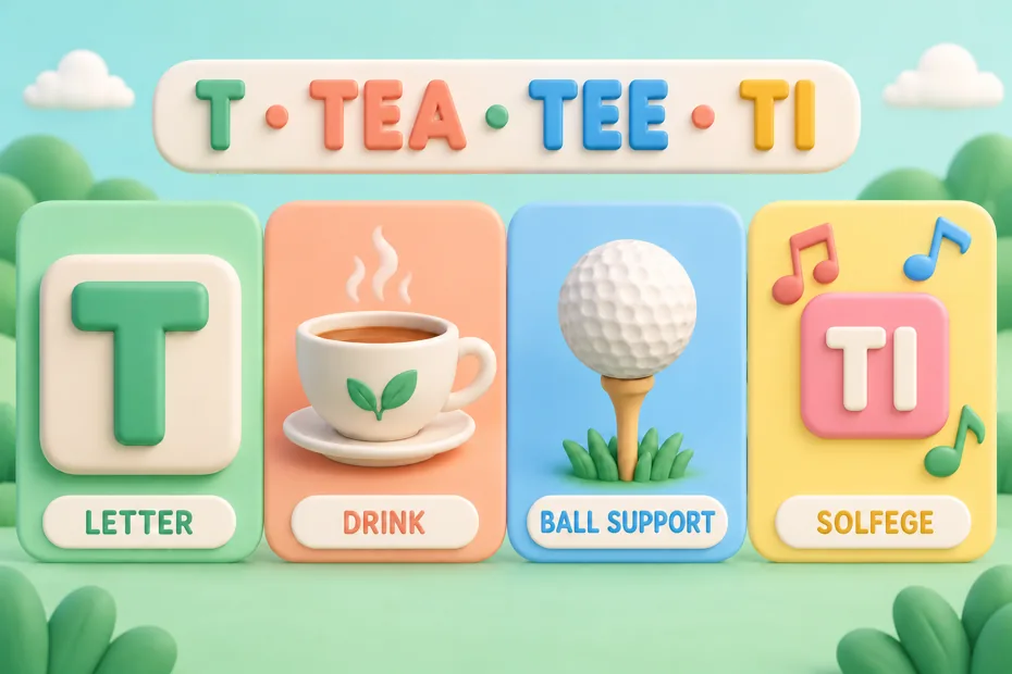 T alphabet letter, tea drink, tee ball support, and ti music syllable