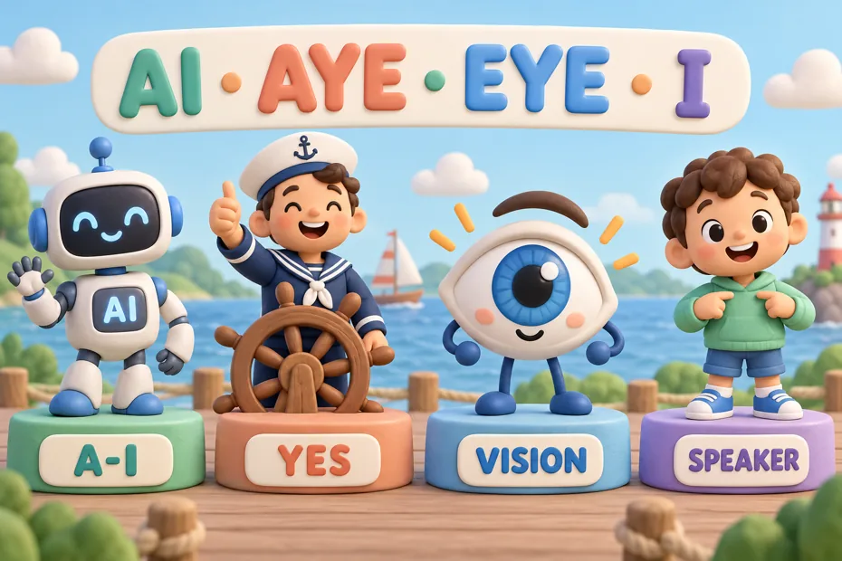 AI, aye, eye, and I illustrated by a robot, sailor, eye, and speaker