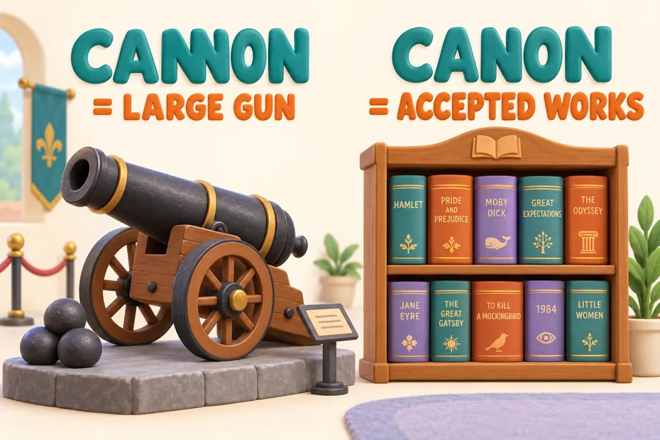 Cannon commonly names a large gun; canon can name accepted works.