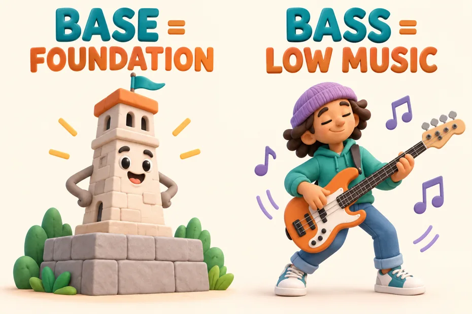 Base names a foundation; musical bass concerns low pitch.