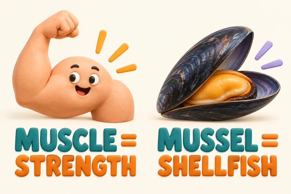 Muscle concerns strength; mussel names shellfish.