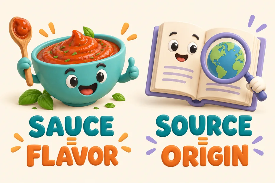 Sauce adds flavor; source names an origin.
