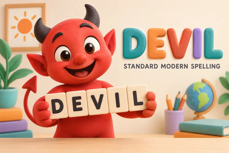 Devil is the standard modern spelling, with letters D E V I L.