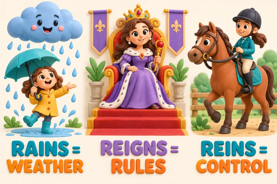 Rains means weather, reigns means rules, and reins means control.