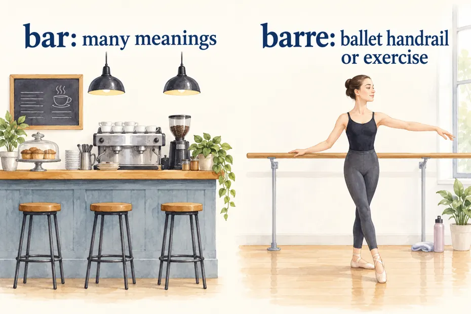 Bar has many meanings; barre names a ballet handrail or exercise regimen.