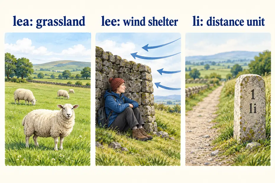 Lea means grassland, lee means wind shelter, and li is a distance unit.