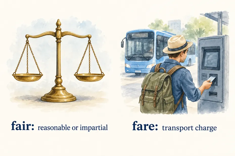 Fair means reasonable or impartial; fare can mean a transport charge.