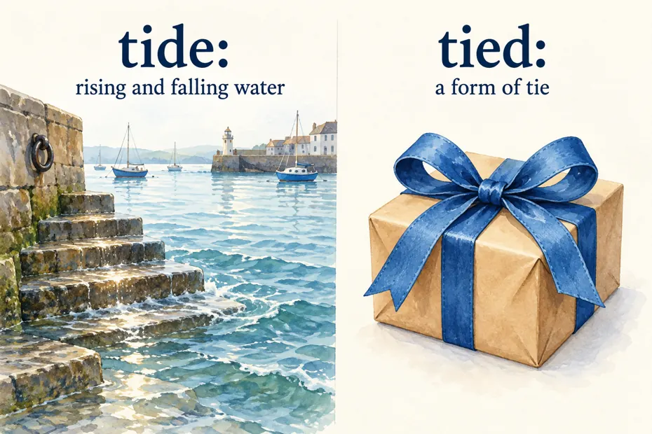 Tide means rising and falling water; tied is a form of tie.