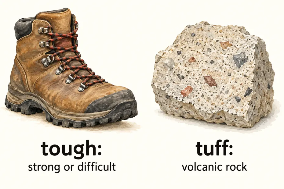 Tough describes strength or difficulty; tuff names volcanic rock.