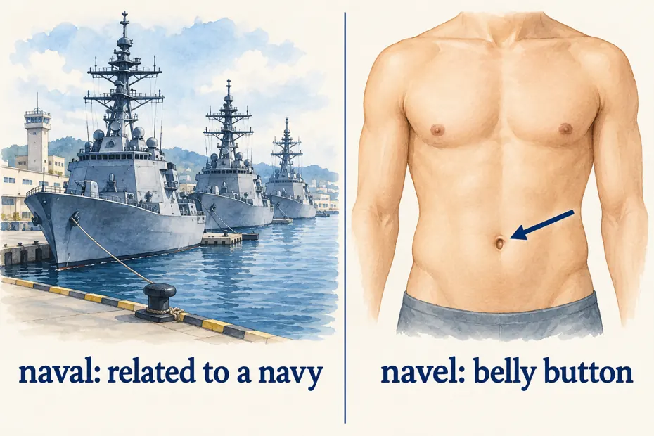 Naval means related to a navy; navel means belly button.