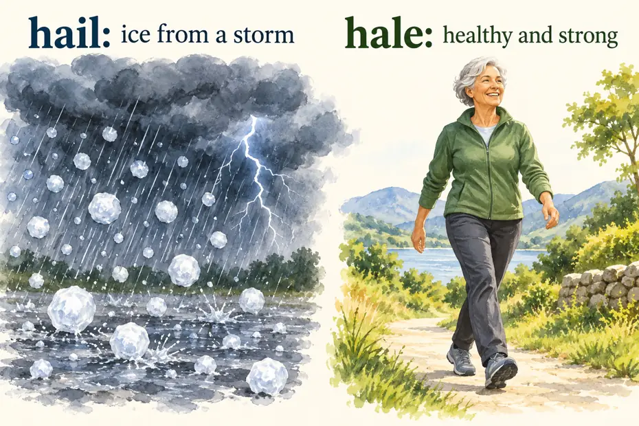 Hail means storm ice; hale describes someone healthy and strong.