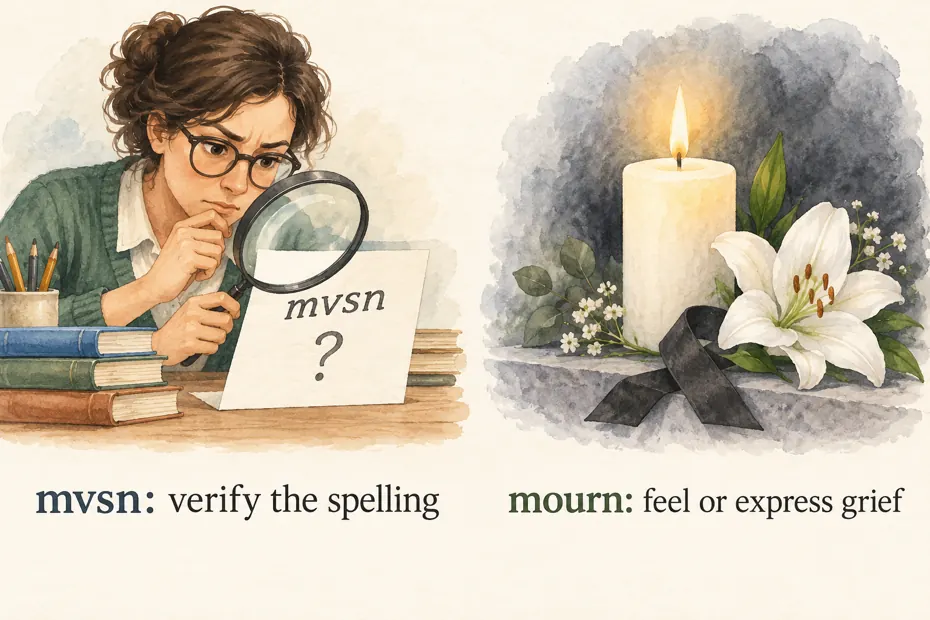Mvsn needs spelling verification; mourn means to feel or express grief.