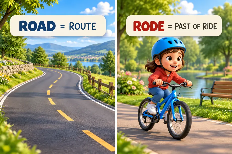 Road names a route; rode is the past tense of ride