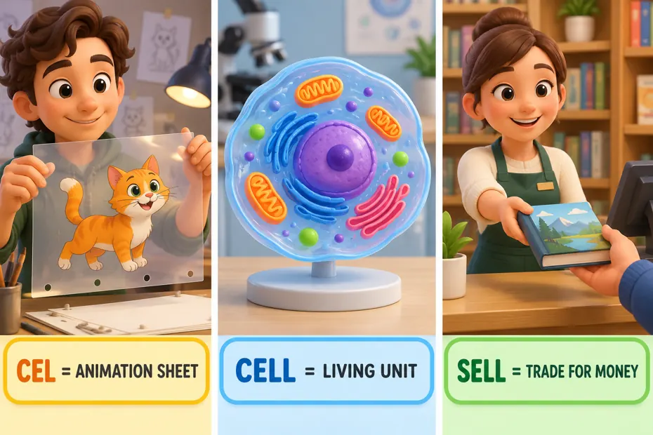Cel means animation sheet, cell has biology uses, and sell means trade for money